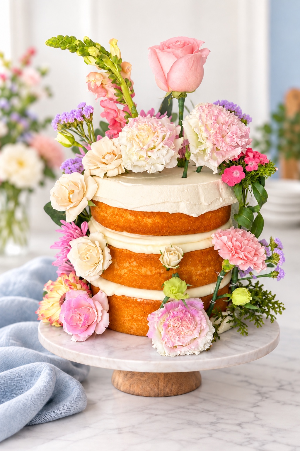 Naked cake decorated with pink roses, carnations and greenery