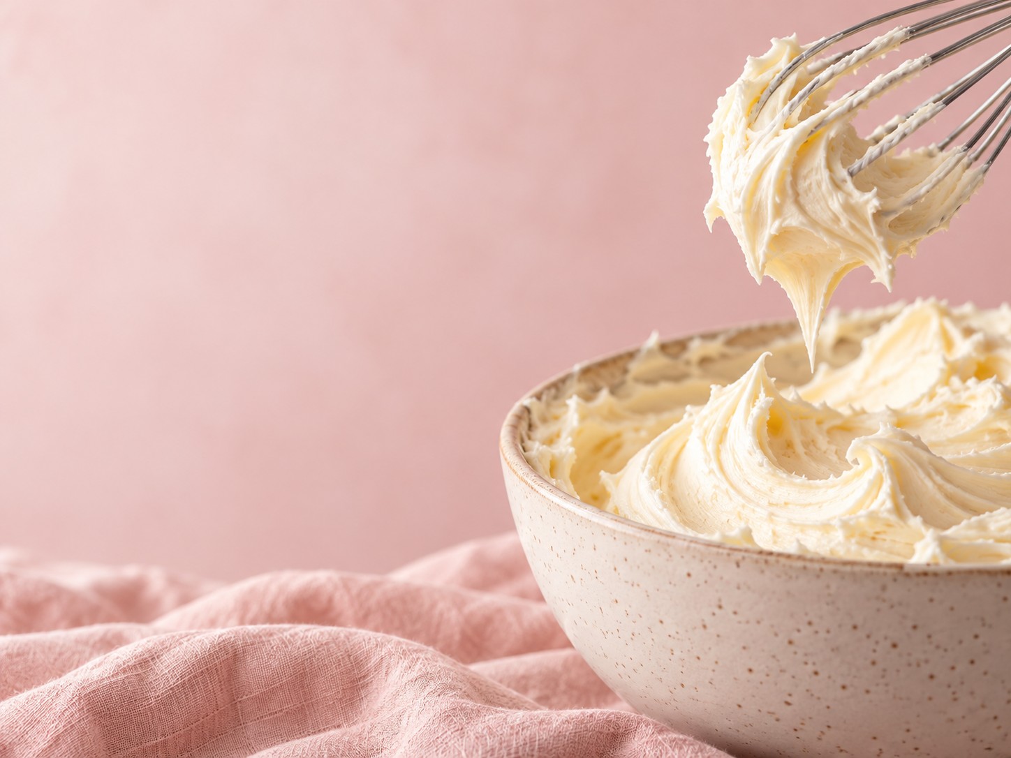 Buttercream in a ceramic bowl with a whisk