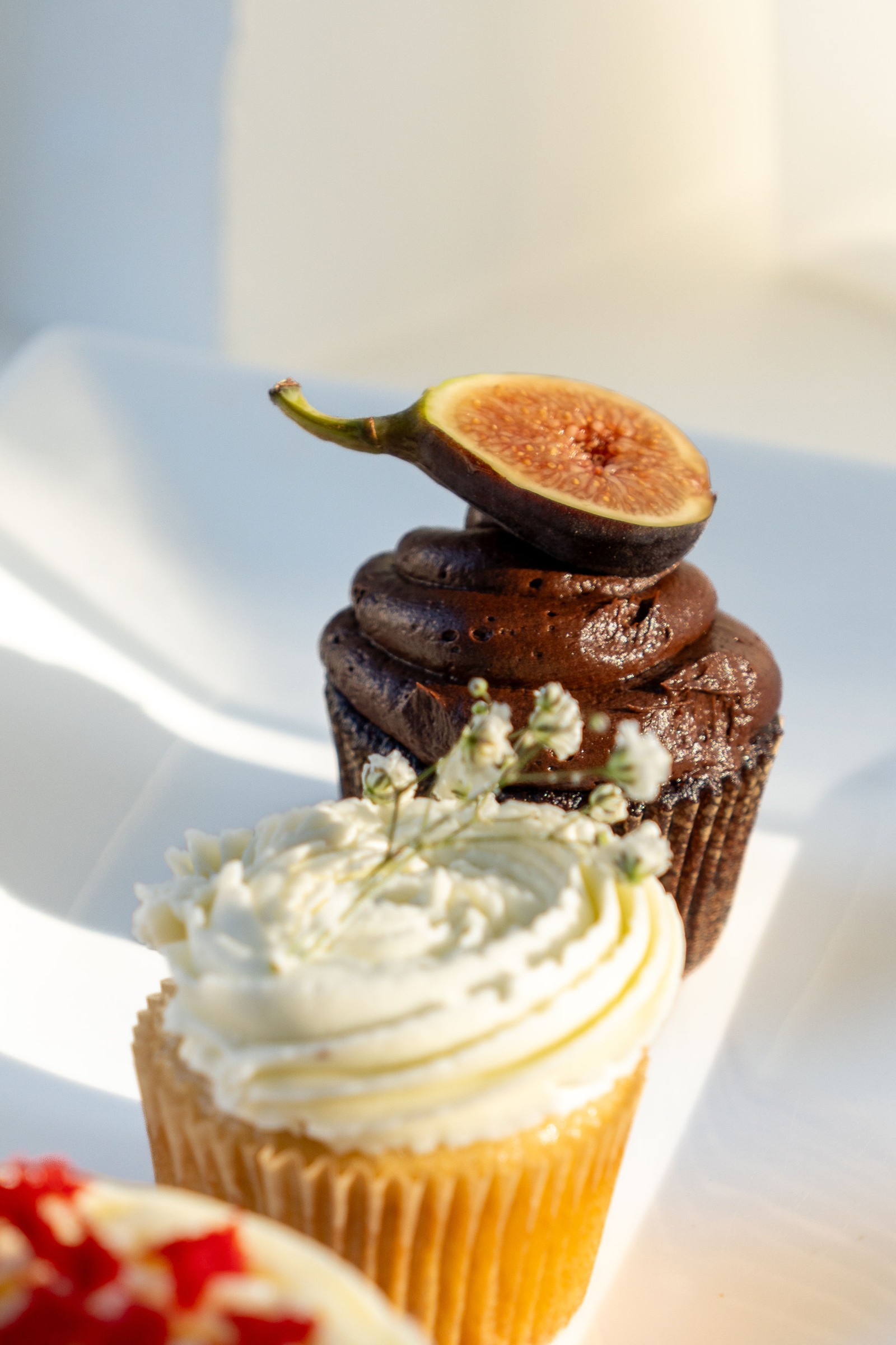 Close-up of vanilla and chocolate cupcakes